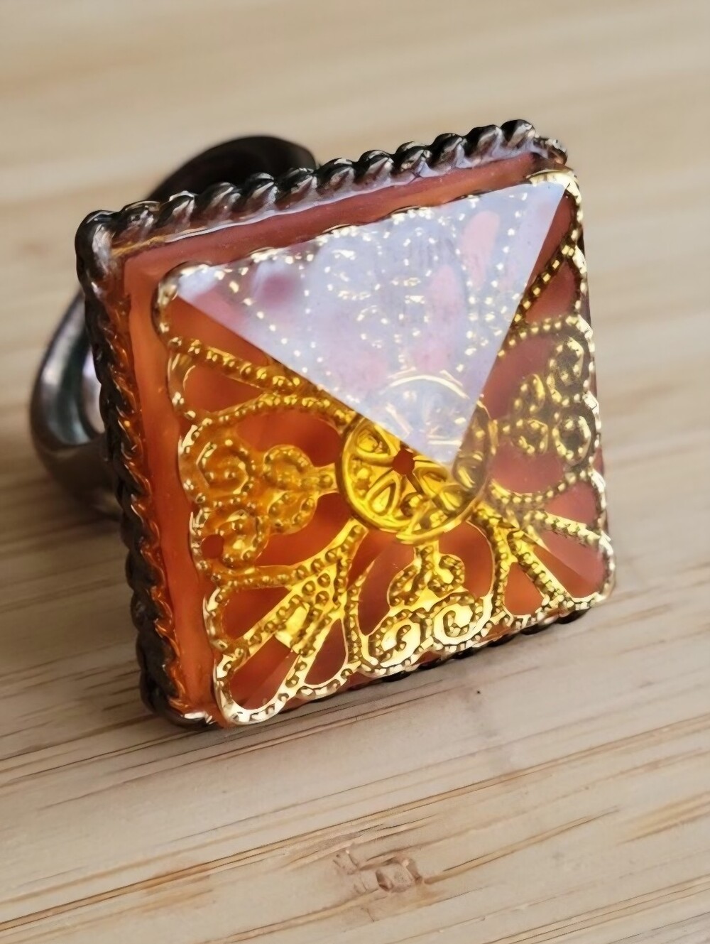 Vintage Amber Lucite Square Statement Ring Etched Filigree Adjustable Boho Retro